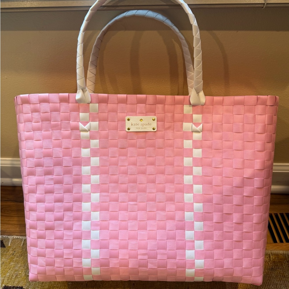 Kate Spade Large Nylon Woven Pink & White Woven Beach Tote Bag NWOT